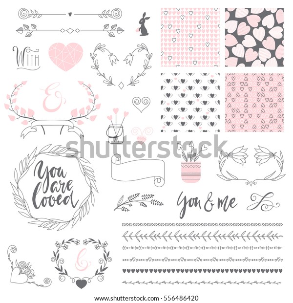 Collection with hand drawn elements on\
romantic theme. Brushes, frames, 4 seamless patterns and other\
elements for design. Vector\
illustration.