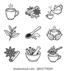 A collection of hand drawn elements related to tea and spices used in beverages, including cups, tea leaves, and spices.