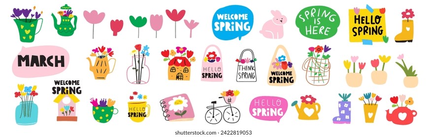 Collection of hand drawn elements. Spring time. Flat design. Vector illustrations. Isolated icons on white background.