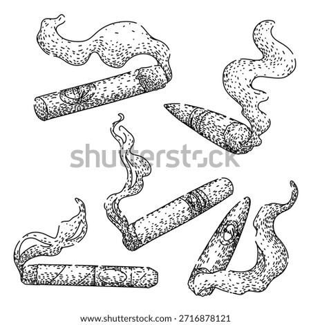 Collection of hand drawn engraving style cigars with curling smoke, vintage black and white line art evoking luxury, leisure, tobacco aroma and retro indulgence