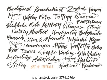 Collection of hand drawn european capitals. Hand drawn lettering background. Ink illustration. Modern brush calligraphy.Isolated on white background. Paris,Berlin,Stockholm,Amsterdam,Madrid and other.