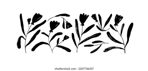 Collection of hand drawn exotic flowers with long stems and leaves. Brush drawn vector floral silhouettes isolated on white. Grunge dry paint brush strokes. Naive drawing style. Abstract tulips. 