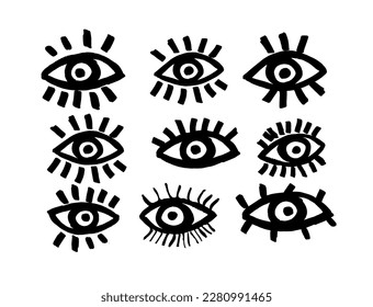  Collection   hand drawn eyes in simple doodle style . Open black eyes hand-drawn with bold lines. Seamless pattern. Monochrome fashion design.