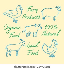 Collection of hand drawn farm animals icons and lettering.