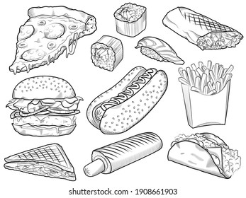 Collection of hand drawn fast food food on white board, background. Fast food for menu design pizza, hot dog, fries, rolls, burger, shawarma. Vector illustration