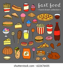 Collection of hand drawn fast food meals including pizza, burger, ice cream, cake, hot dog, chicken, burrito, popcorn, lemonade, chips, fries, sandwich, donut isolated on chalkboard background.