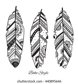 Collection of hand drawn feather, vector Ink illustration isolated on white background. Native american indian traditional symbols, tribal and ethnic boho theme