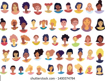 Collection of hand drawn female avatars in trending doodle style. Cartoon character designs vector illustration isolated on a white background.