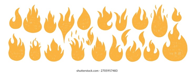 Coleção de chamas de fogo puxadas à mão com lápis de cera, pastel, giz ou textura. Elementos Grunge em estilo doodle. Ilustração de vetor amarelo em um fundo branco.