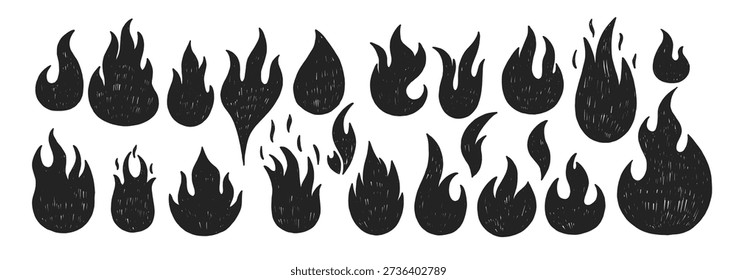 Collection of hand drawn fire flames with crayon, pastel, chalk or pencil texture. Grunge elements in doodle style. Black vector illustration on a white background.