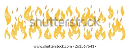 Collection of hand drawn fire flames with crayon, pastel, chalk or pencil texture. Grunge elements in sketch style. Yellow vector illustration on a white background.