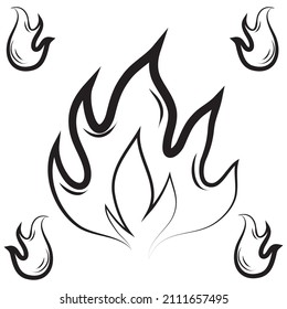 Collection of hand drawn fire icons. Fire Flames Icons Vector Set. Hand Drawn Doodle Sketch Fire, Black and White Drawing. Simple fire symbol.