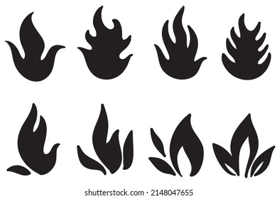 Collection of hand drawn fire icons. Fire Flames Icons Vector Set. Hand Drawn Doodle Sketch Fire, Black and White Drawing. Simple fire symbol.