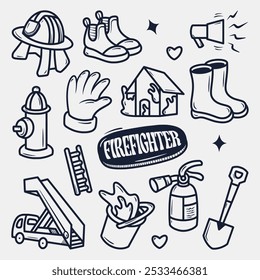 collection of hand drawn firefighter elements, Vector illustration