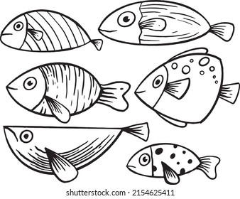 collection hand drawn fish doodle kids illustration for  stickers poster etc