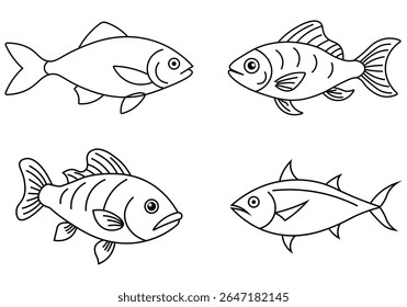 Uma coleção de ícones desenhados à mão. Ícone de peixe silhueta preta. Ícones de peixes para projetos de design aquático, pesca e natureza. Iluminação vetorial.