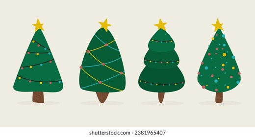 Sammlung von handgezeichneten, flachen Weihnachtsbäumen. Vektorgrafik.