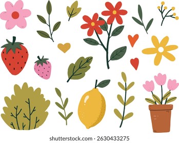 Collection of hand drawn flat design abstract shapes. Flower and leaf elements collection