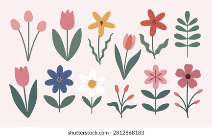 Collection of hand drawn flat flowers and botanical elements with botanical collection illustration blooming decorative colorful seasonal