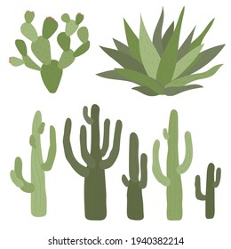 Collection of hand drawn flat saguaro cacti, prickly pear cactus and agave. Cute modern designs.
