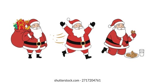 Colección de personajes planos de Santa Claus dibujados a mano sobre un fondo blanco.