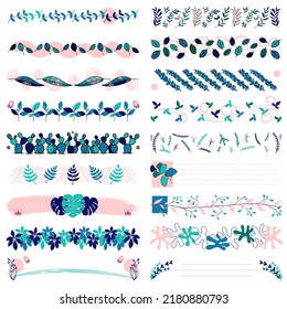 Collection of hand drawn floral bullet journal dividers, borders, frames, page decoration, elements for diary and planner