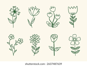 A collection of hand drawn floral doodles featuring various flowers and botanical elements. Ideal for wedding invitations, packaging, branding, and decorative designs. Vector format, fully editable.