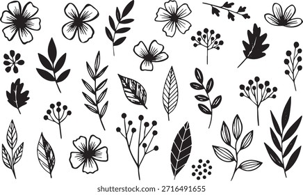 Una colección de Elementos florales dibujados a mano, con una variedad de hojas, ramas y flores en un estilo simple y elegante, perfecto para proyectos de diseño.
