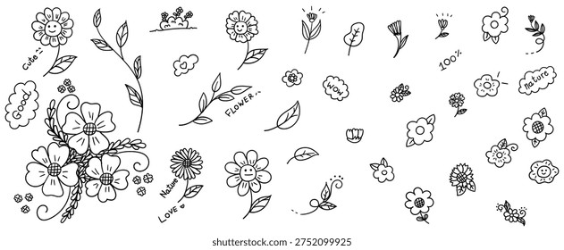 Collection of hand drawn floral elements featuring happy daisies leaves and botanical doodles for spring nature theme vector illustration design.
