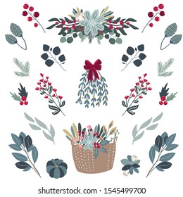 Collection of hand drawn floral elements,leaves,branches,berries, basket with flowers in modern scandinavian style for winter season holidays, greeting card ,poster,invitations, templates decoration