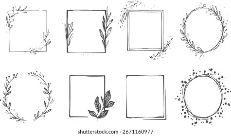 Collection of hand drawn floral frames and borders with botanical elements and splatters