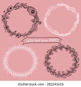 Collection of hand drawn floral wreaths. Romantic wreath with copy space for your text. Save the date, wedding or invitation card design element, also you can change colors.