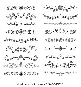 Collection of hand drawn flourish text dividers. Doodle botanical boders for typography design, invitations, greeting cards. Calligraphic and floral design elements.