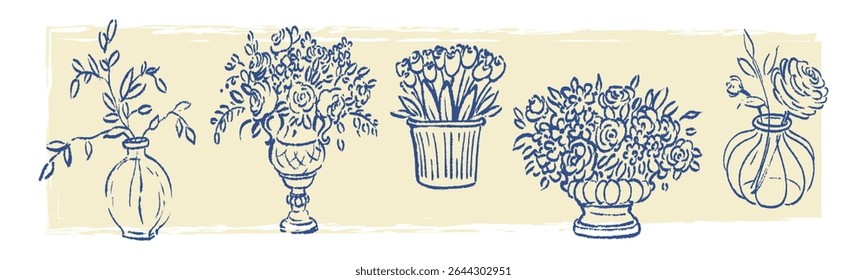 Collection of hand drawn flower bouquets in vases. Modern abstract minimalist art in brush, chalk, pencil, crayons style. Vector illustration of design elements in sketch style