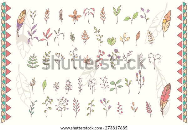 Collection of hand drawn flowers with\
feathers, vector\
illustration