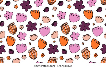 Colección de cabezas de flores dibujadas a mano. Ilustración del doodle. Patrón sin inconvenientes con elementos florales simples
