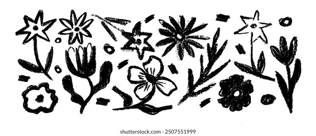 Collection with hand drawn flowers and leaves. Charcoal drawing flowers,  leaves and small branches. Flower silhouettes painted with charcoal, artistic botanical ornament.