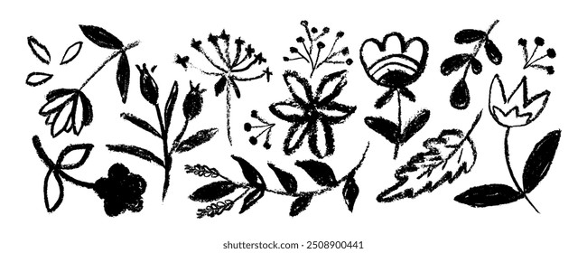 Coleção com flores desenhadas à mão e folhas. Desenho a carvão flores, folhas e pequenos ramos. Silhuetas de flores pintadas com carvão vegetal, ornamento botânico artístico.