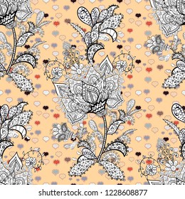 Collection of hand drawn flowers and plants. Vector illustration. Seamless floral pattern with cute doodles flowers. Vector illustration. In sketch style black, beige and white colors.