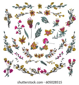 Collection of hand drawn flowers and plants.Vector illustrations in sketch style and bright colors. Floral elements.