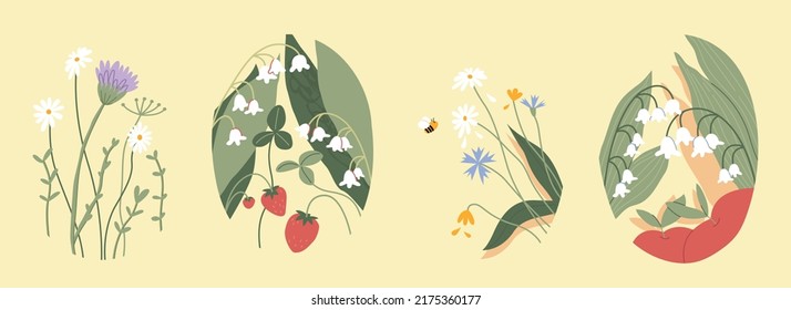 Sammlung handgezeichneter Blumen. Sommerkunst. Erdbeere, Kamille, Lilie des Tals. Design für Ihre Marke. Vektorgrafik-Clips auf isoliertem weißem Hintergrund.