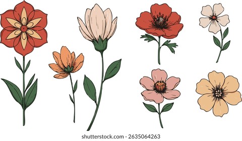 Coleção de flores desenhadas à mão em várias cores e estilos em um fundo branco ilustração arte	