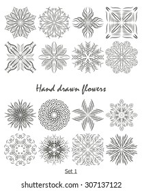 Collection of hand drawn flowers, vector illustration, isolated design elements, decorative ornaments, floral clip art, set 1