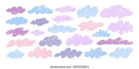 Collection of hand drawn fluffy clouds in kid's style in pastel colors. Crayon drawn cloud icons with rough sketch texture. Doodle speech bubble shapes. Naive style childish cute vector elements.