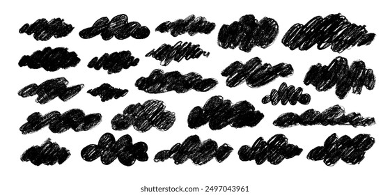 Collection of hand drawn fluffy clouds in kid's style. Crayon drawn cloud icons with rough sketch texture. Doodle speech bubble shapes. Naive style childish cute vector graphic elements.