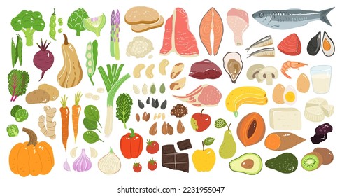 Collection of hand drawn food illustrations isolated on white background. Bundle of fresh delicious vegetables, fruits, dairy, fish and meat. wholesome healthy food.