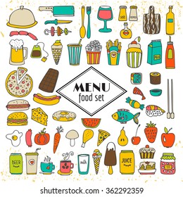 Collection of hand drawn food menu. Simple sketches of different kinds of food. Hand drawn design elements. Vector illustration