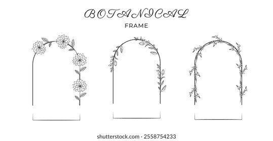 Collection of hand drawn frame with flowers. Minimalistic Herbal Botanical set of border.  Single line art. Clip art. Silhouette. editable strokes. Elements and shapes. Floral vintage sketch. Cut out