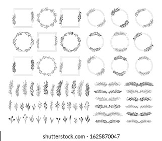 Collection of hand drawn frames, dividers, herbs, flowers, borders, corners. Wedding doodle design elements. Vector isolated illustration.