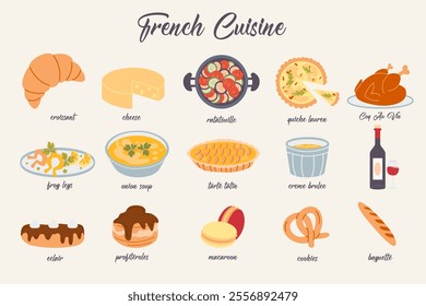 Collection hand drawn french cuisine foods 